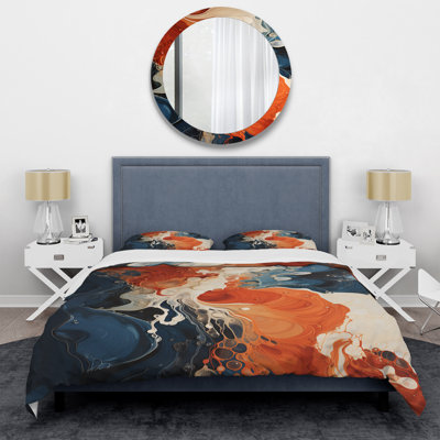 Blue And Orange Liquid Ink Waves V - Abstract Painting Duvet Cover Set