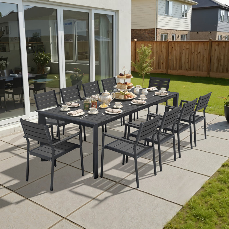 Rectangular Outdoor Dining Table with Umbrella Hole and Aluminum Frame, Black, 29.4" H x 94.3" W x 40.5" D