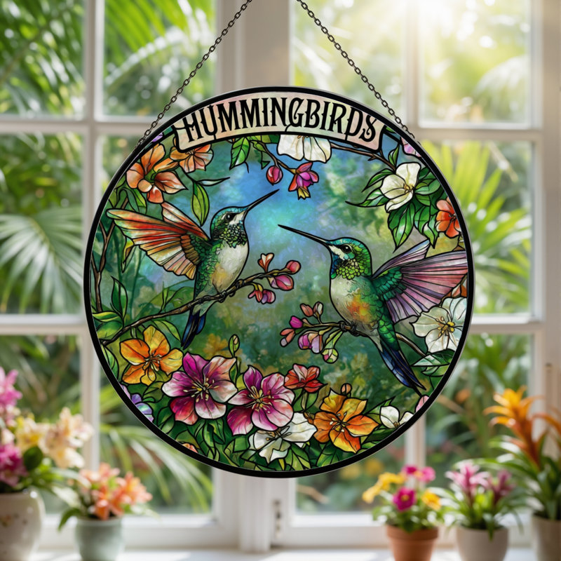Vitrail de fenêtre en bois coloré 7,8 "Hummingbirds, H 7,8 po x l 7,8 po