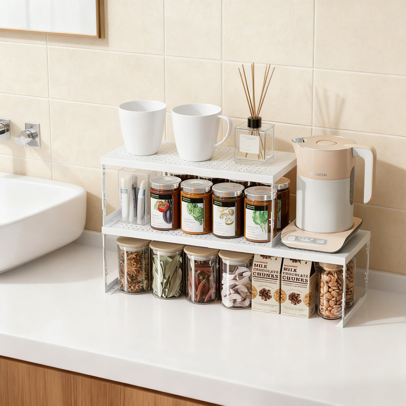 Organisateur de tablettes en métal réglable et empilable, support en fil métallique extensible avec design perforé pour le rangement de l'armoire de salle de bain, fabrication durable et robuste