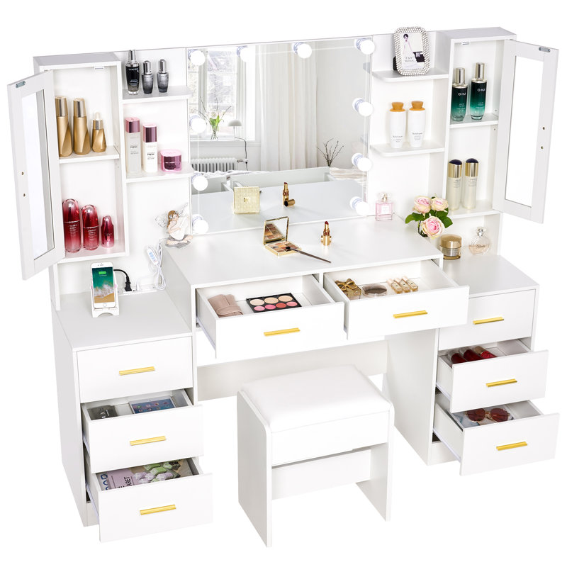 59.1" Large Vanity Desk Table With Mirror & Lights, White Makeup Vanity With Power Outlet And 8 Drawers 2 Cabinets