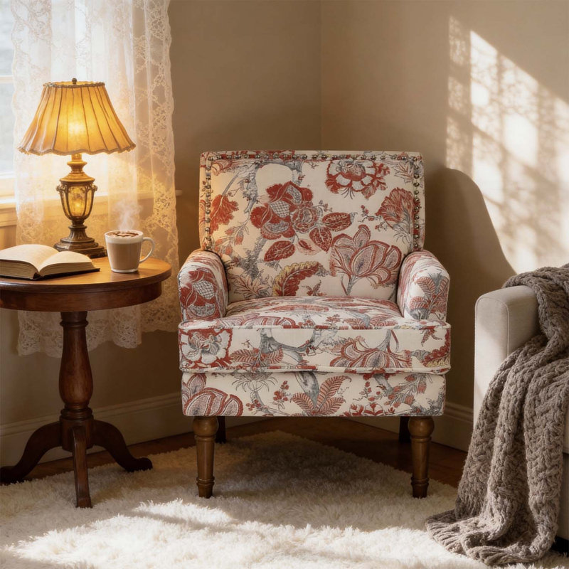 Élégante chaise d'appoint rembourrée florale avec garniture cloutée