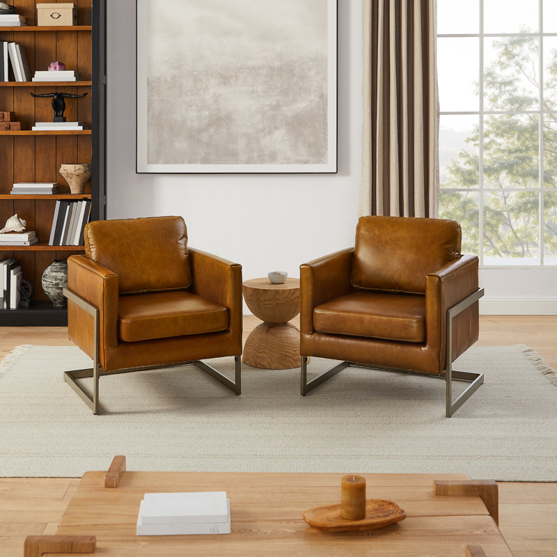 Genuine Leather Accent Arm Chair with Metal Leg(set of 2), Brown