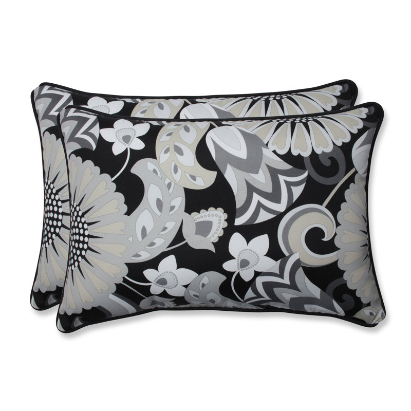 Sophia Black and Gray Floral Rectangular Outdoor Throw Pillow Set