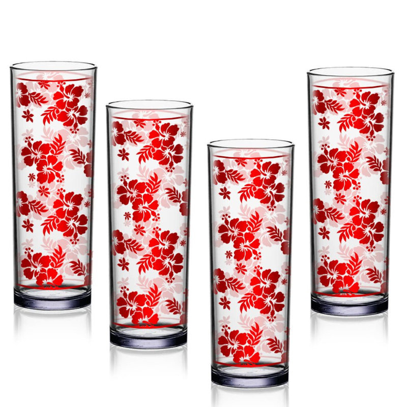 BARCONICÂ® COLLINS GLASS - RED HIBISCUS PATTERN - 9.5 OUNCE
