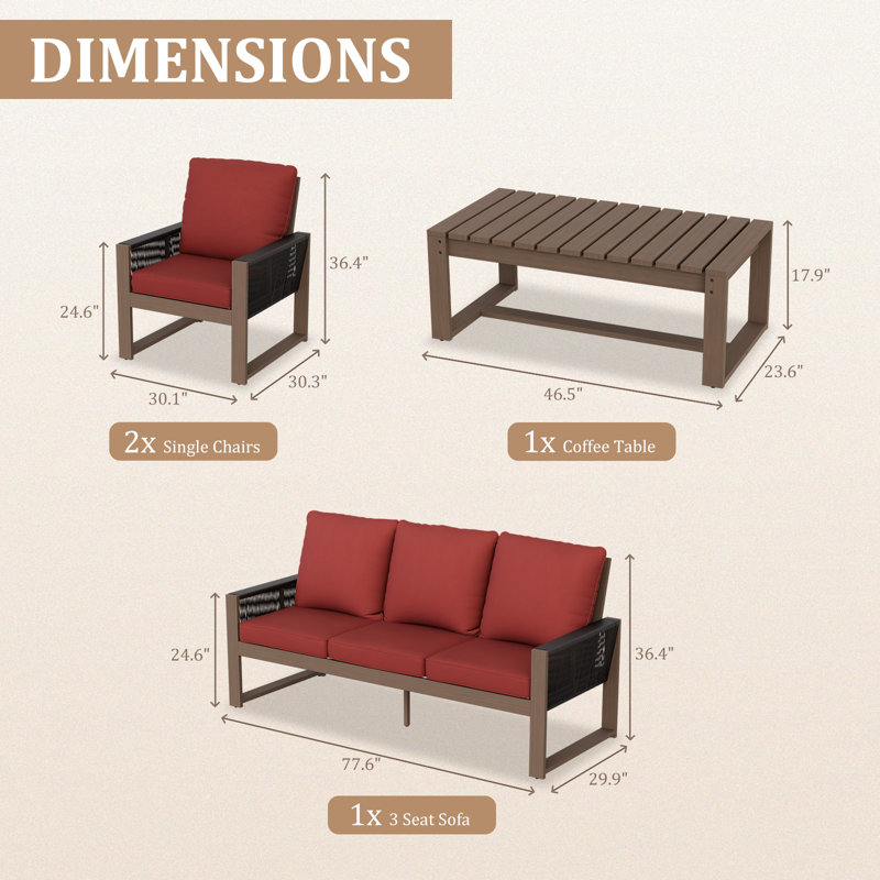 Ensemble de conversation pour 5 personnes avec canapé et patio, Rouge