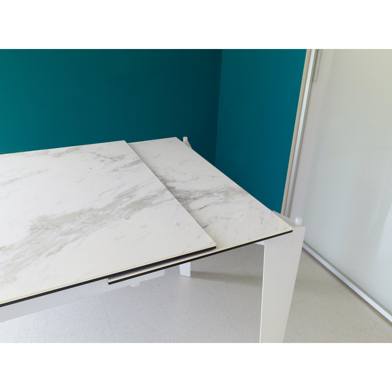 Bricker Extendable Glass Top Metal Base Dining Table, White Marble