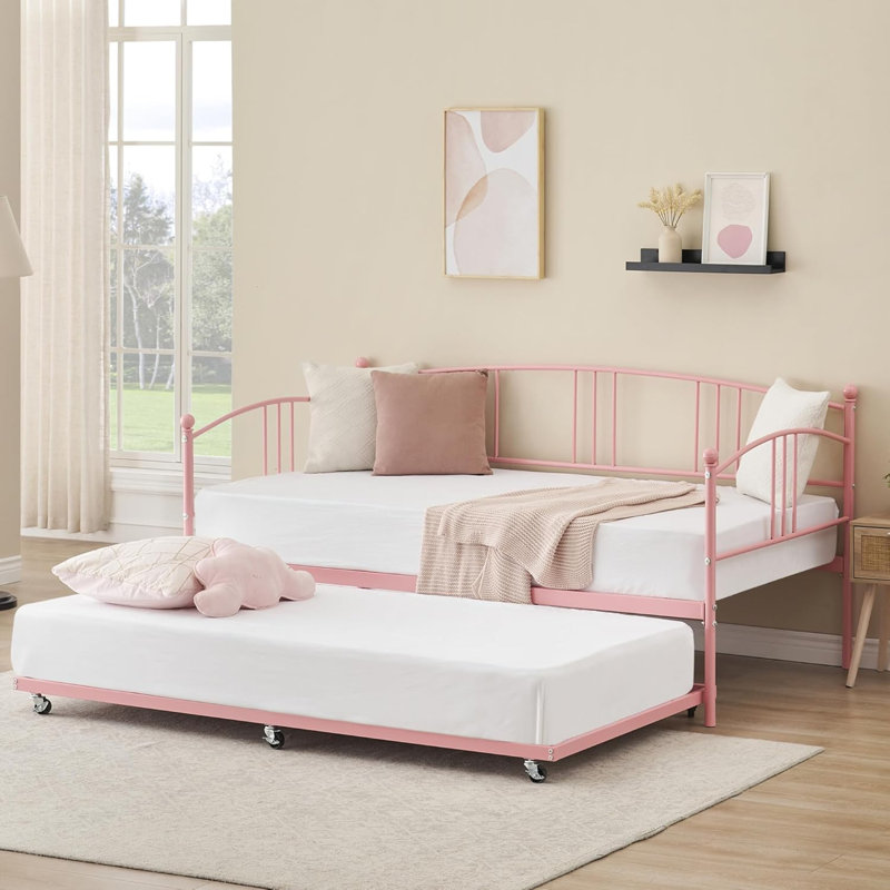 Twin Metal Daybed with Trundle Pullout Trundle Bed Frame with Arched Headboard Guest Sofa Bed with Steel Slat Support No Box Spring Required Easy Assembly Pink