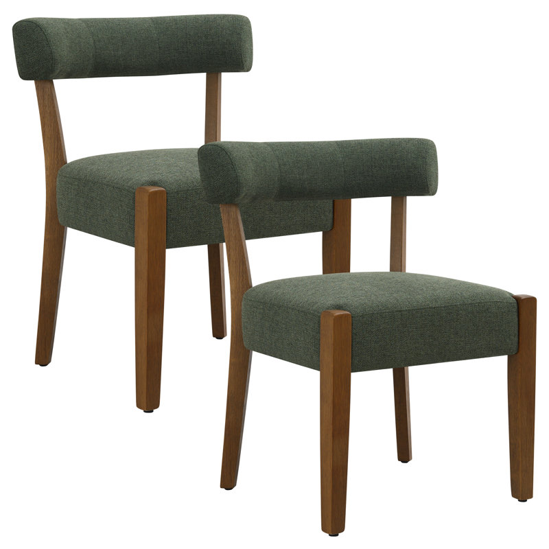 Chaises de salle à manger rembourrées en tissu vert Cindina, Lin vert / brun