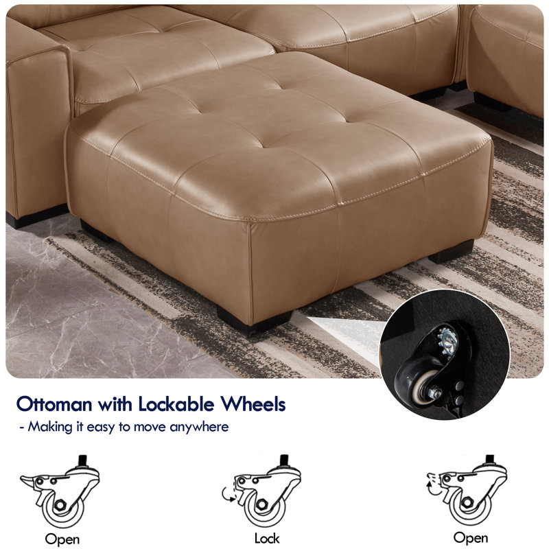 Bendire 85" Sold Wood Leather Sofa With Ottoman (Wheels), Khaki Brown