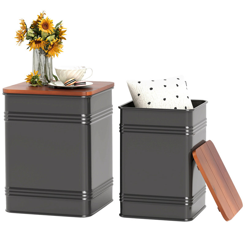 Ensemble de 2 tabourets gigognes noirs avec cadre de rangement en métal pour le salon