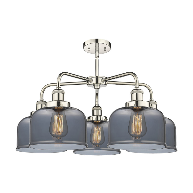 Lustre en verre à 5 lumières Bell, Plaqué couleur fumée, Nickel poli