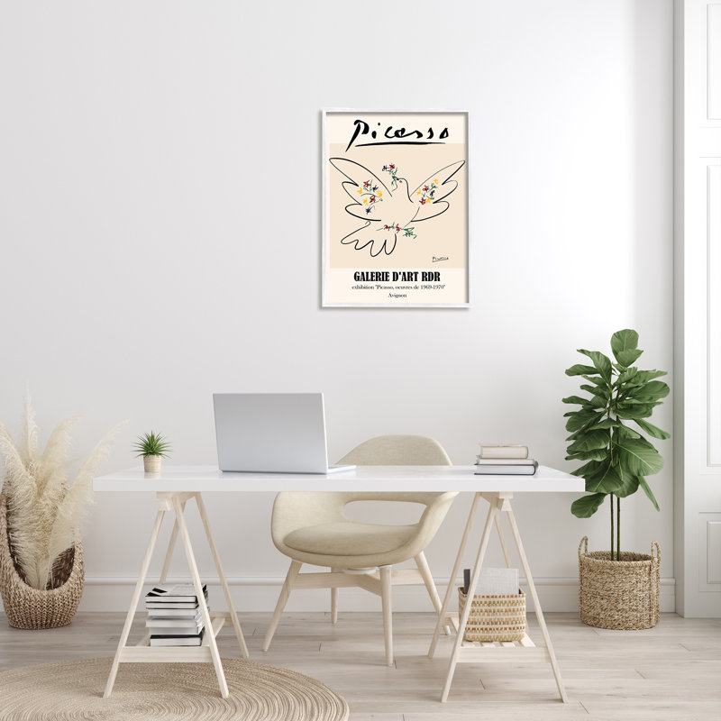 Oiseau colombe de paix classique Picasso abstrait - impression d'art graphique, Giclée encadrée blanc bord de mer