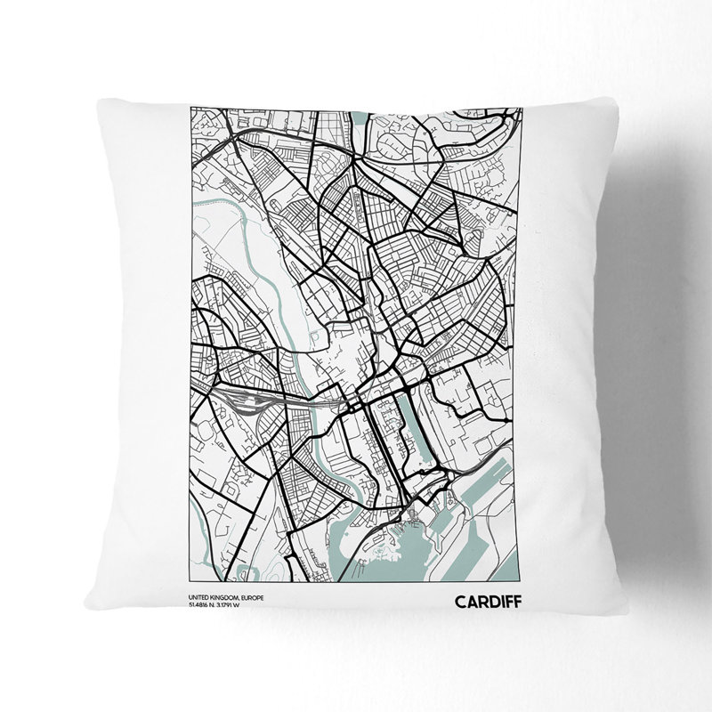 Map Cardiff Uk Square Throw Cushion, 40cm H x 40cm W x 15cm D