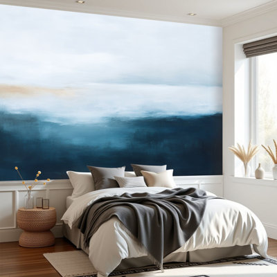 Wall Mural Peel and Stick Wallpaper Abstract Modern Blue Seascape Ocean Theme Blue Ocean Waves Misty Self-Adhesive Removable Contact Paper Wall Decor for Living Room Bedroom 69"H x 96"W