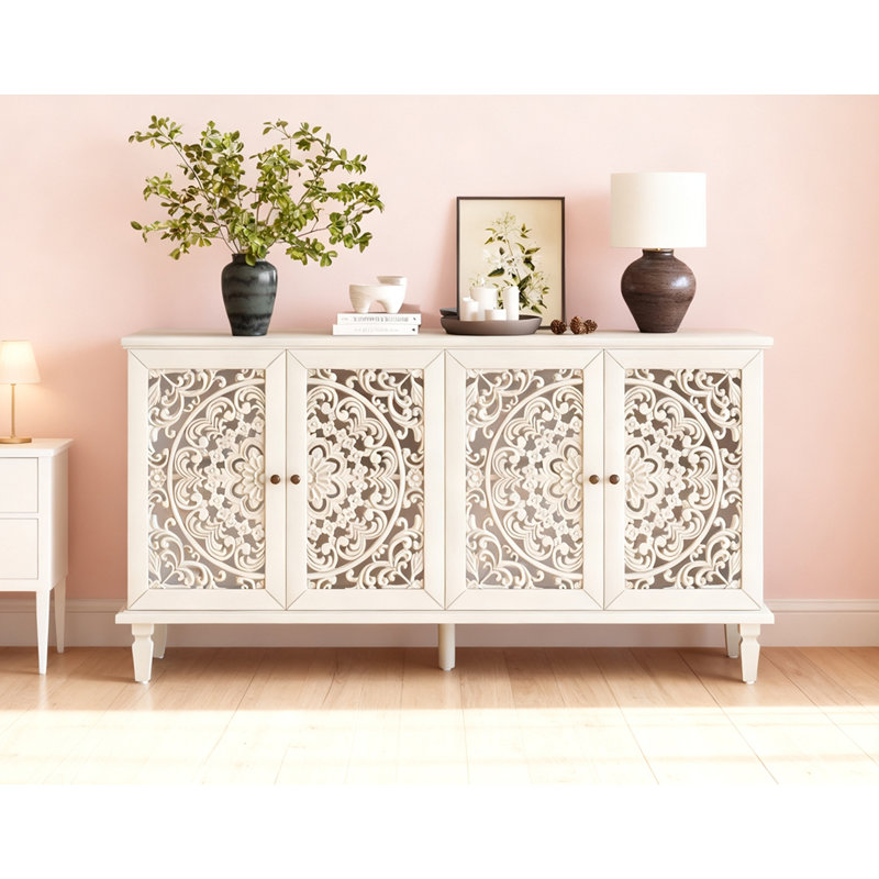 Buffet antique 60 "avec sculptures florales, Blanc antique