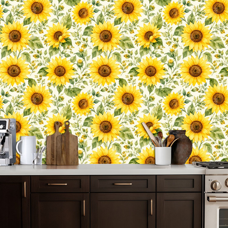 Papier peint auto-adhésif à motif de tournesols floraux sans soudure à motif d'aquarelle, L 17,7 po x L 118 po