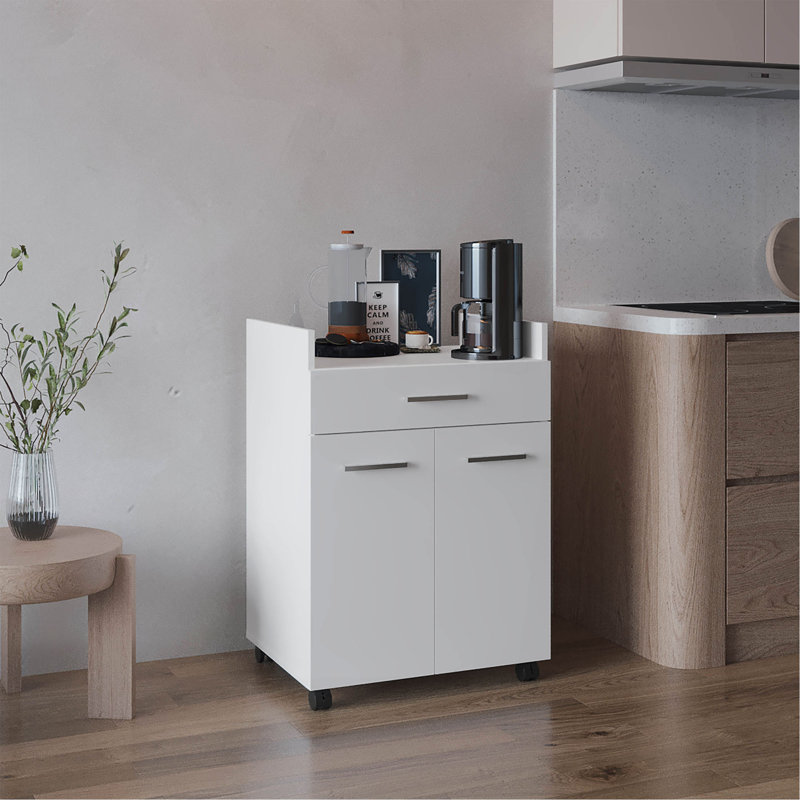 Chariot de cuisine, 2 portes, 1 tiroir, 4 roues, 2 tablettes, blanc