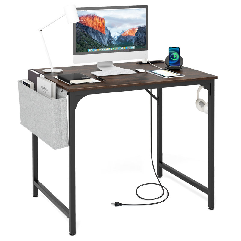 Home Office Desk, Computer Desk w/Recessed Power Strip & Wide Desktop, Workstation Writing Table, 29" H x 36.5" W x 24" D