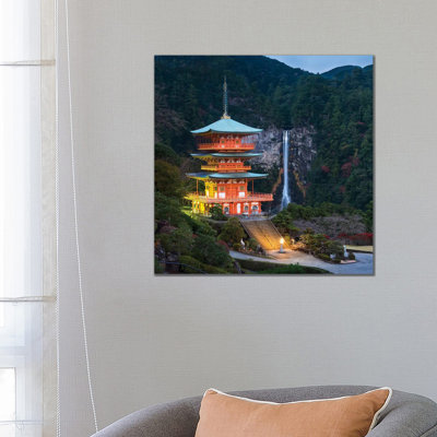 Three-Story Pagoda with Nachi Falls in the Background, Kumano Nachi-Taisha, Japan 1 Piece Wrapped Canvas Wall Art