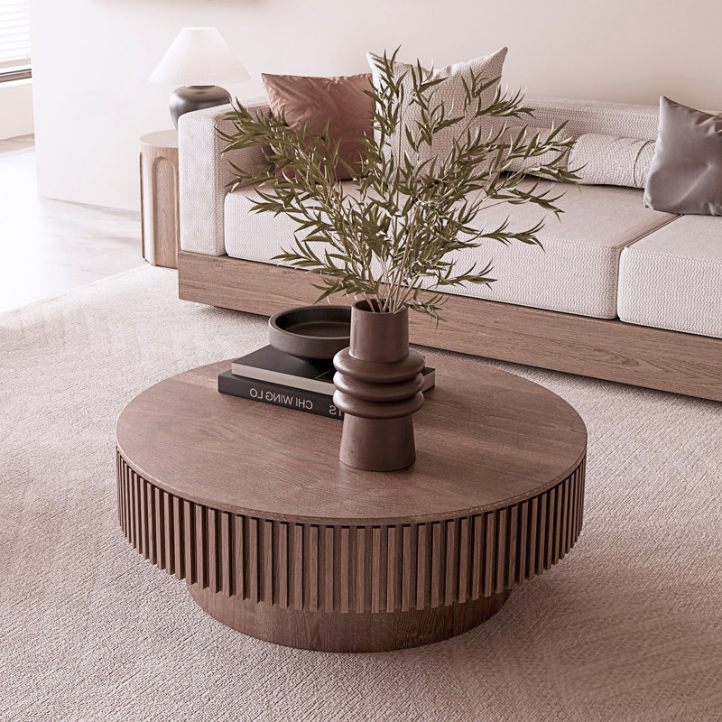 Table basse ronde avec rangement, table basse moderne, table d'appoint, table de salon, Noyer