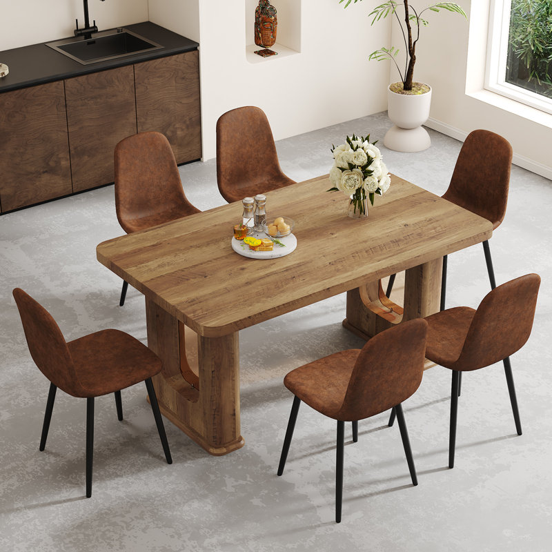 Ensemble de table de salle à manger 64,5 "en bois de ferme avec pieds en piédestal et chaises rembourrées, Brun