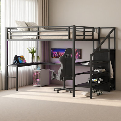 Grand lit mezzanine avec bureau en L et port USB, lit mezzanine en métal avec garde-robe et tablette réglable, lit mezzanine haut avec DEL pour enfants, adolescents, adultes
