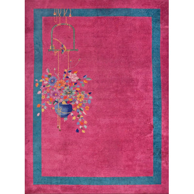 Antique Floral Wool Hand Knotted Pile Coral / Salmon Pink 1920s Rug