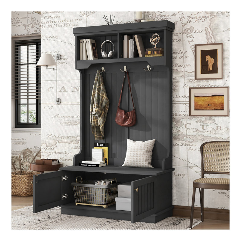 Hall Tree With Storage Shoe Bench For Entryway And Hallway, 4-In-1 Design Coat Racks With Hooks For Living Room, Black, Black