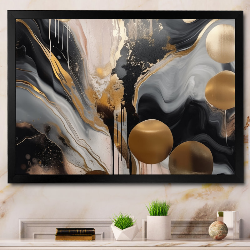 Marbre gris et doré captivant - art abstrait sur toile marbrée, Cadre photo unique, Noir, H 16 po x l 32 po
