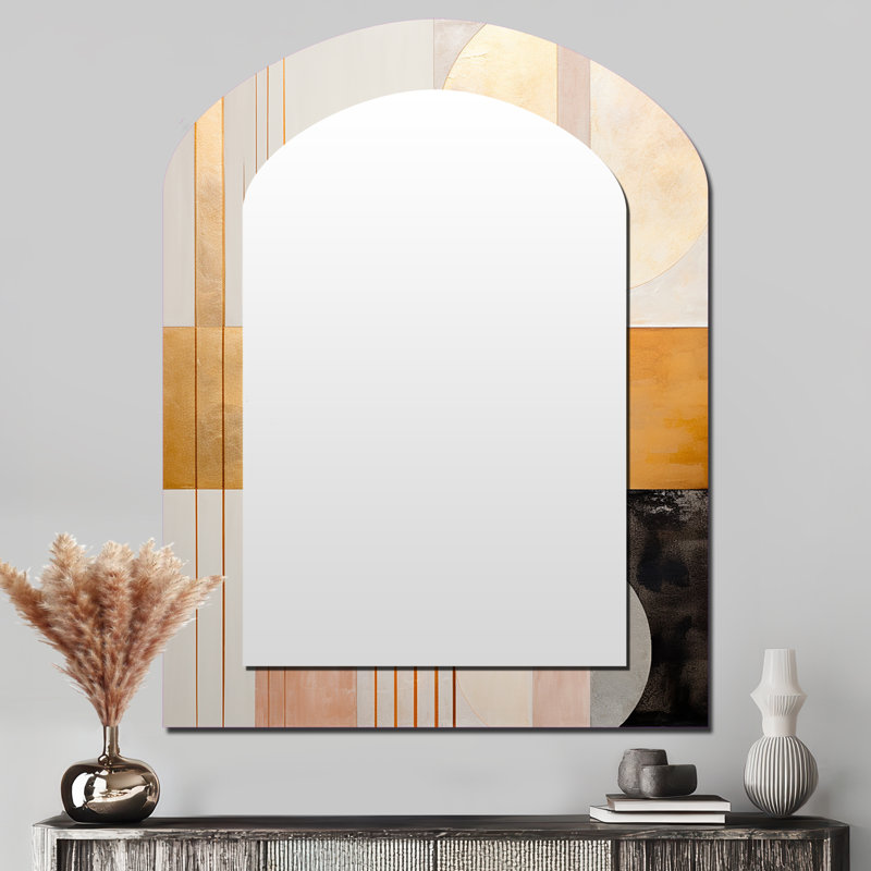 Geometry of Serenity In Pink Vintage Gold III - Geometric Arch Unique Wall Mirror Decor, Gold Asymmetrical Large Mirror, Printed Metal Art