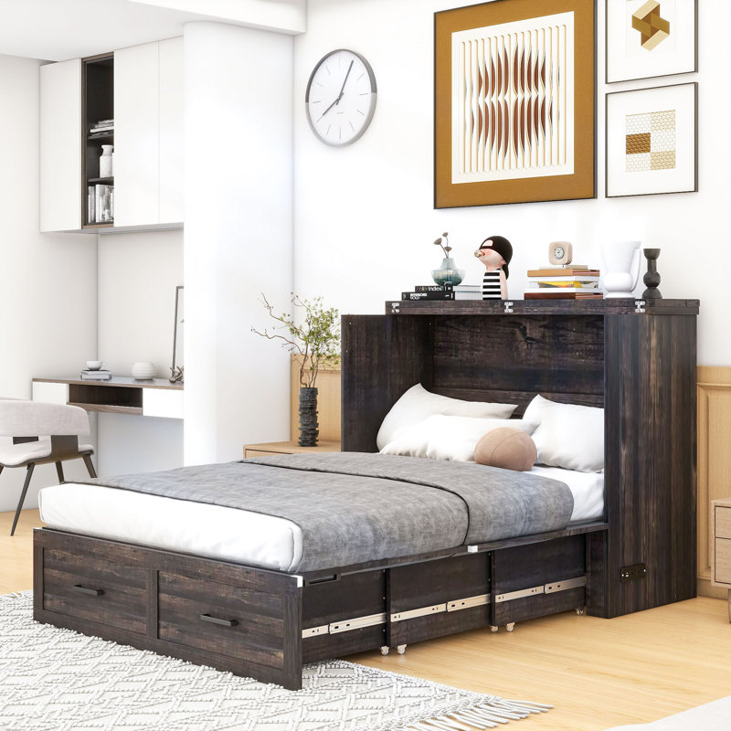  Wood Murphy Bed with Charging Station and USB ports, Rustic Gray, Full / Double