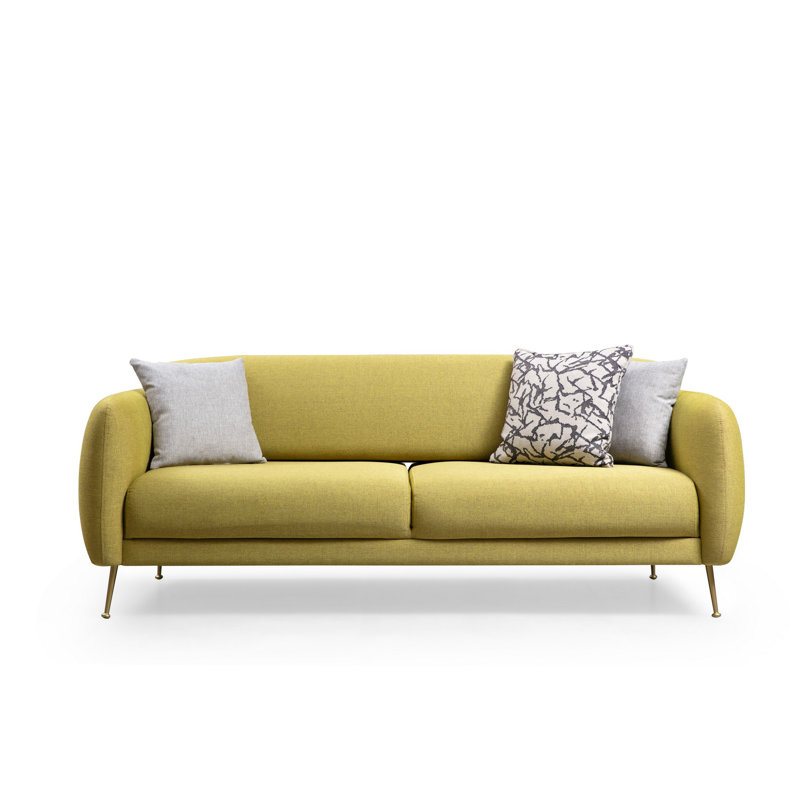 Canapé-lit moderne à 3 places, jaune, 84,3 po x 38,6 po x 33,5 po | Structure en bois de hêtre et en carton, tissu 100% polyester, système de canapé-lit avec dossier décalé | Coussins en mousse et plumes gris doux, design scandinave élégant