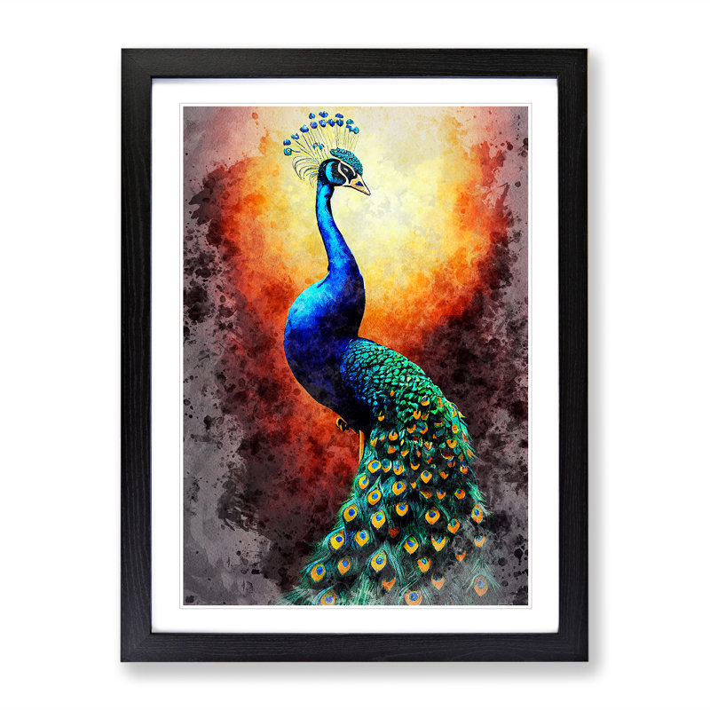 Peacock In Watercolour No.3 - Single Picture Frame Print, 34cm H x 25cm W x 2cm D, Black Framed