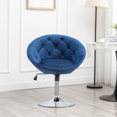 Velvet Chair, 360-Degree Swivel Function, Hydraulic Base, Chromed Metal, Blue Upholstery, 28.45"W X 24"D 32"-38.25"H Accent Chair In Fabric,