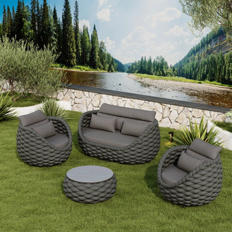 Polyester Rope 4-piece Patio Conversation Sofa Set, Dark Gray