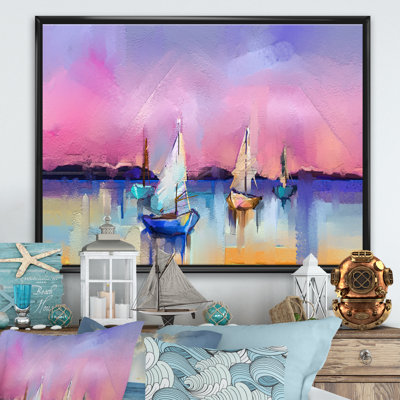 «Little Ships on Pink Seascape Sky», reproduction d'art sur toile