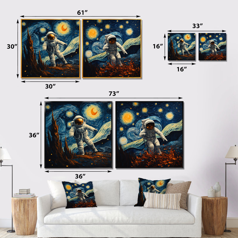 «Vangogh Astronauts Through Space I», ensemble d'art mural sur toile, Cadre flottant noir, H 16 po x l 33 po x P 1 po