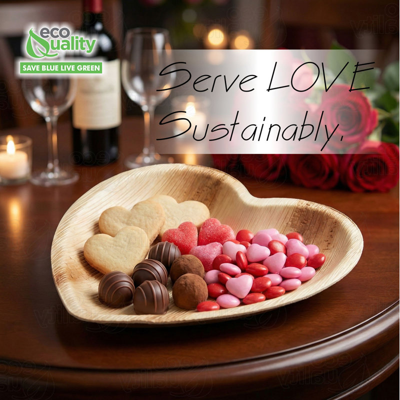 Assiettes en feuille de palmier en forme de cœur 6 pouces Ecoqualité, assiettes naturelles jetables ou réutilisables, vaisselle robuste compostable pour les fêtes, les mariages, les desserts et la restauration de la Saint-Valentin