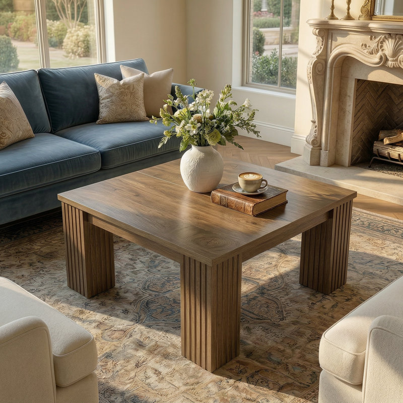 Table basse carrée 39 po avec pieds cannelés, centre de table rustique en bois pour le salon