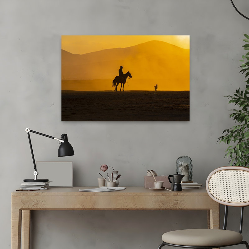 «Cowboy Sunset Ride Rustic Tranquil Abstract Dog Horse Landscape Mountain», art mural