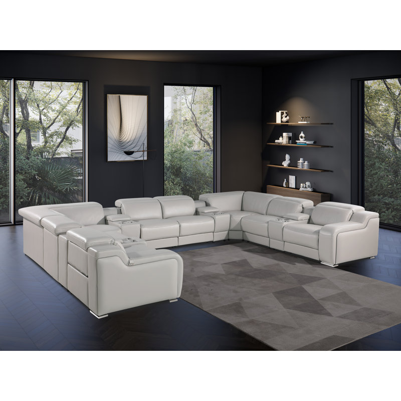 Canapé modulaire inclinable électrique en cuir 12 pièces Stanwin, Cuir véritable gris clair