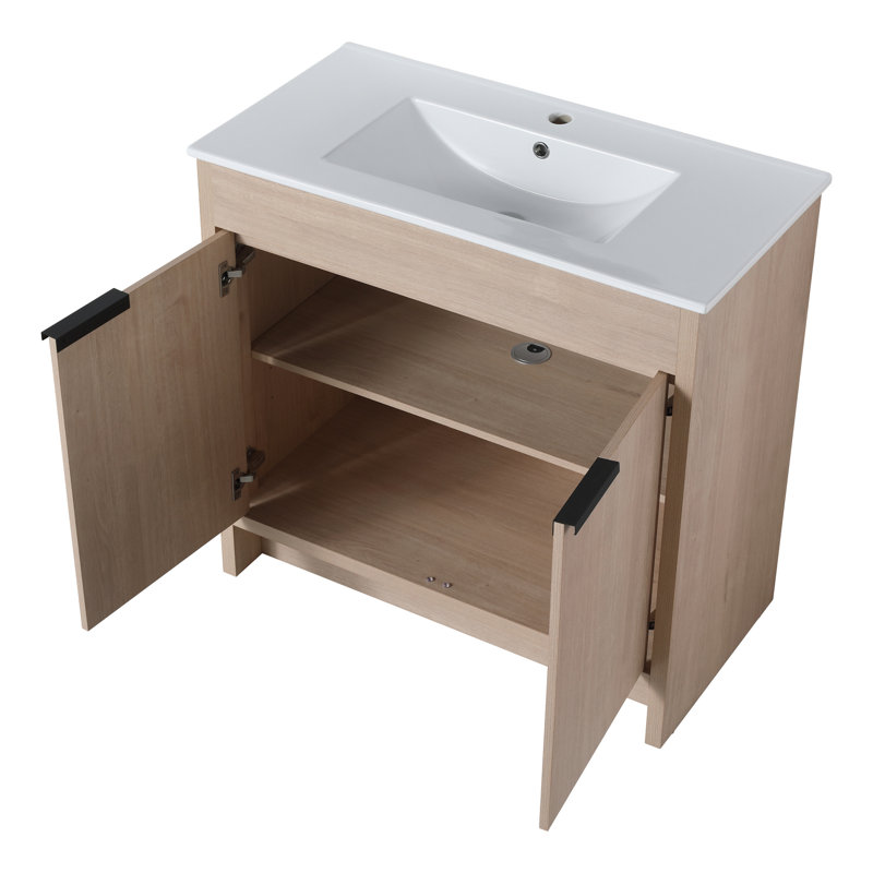 Armoire de salle de bain autoportante 36 po, chêne clair, 2 portes à fermeture douce, tablette réglable, poignées en métal à l'intérieur du meuble-lavabo,