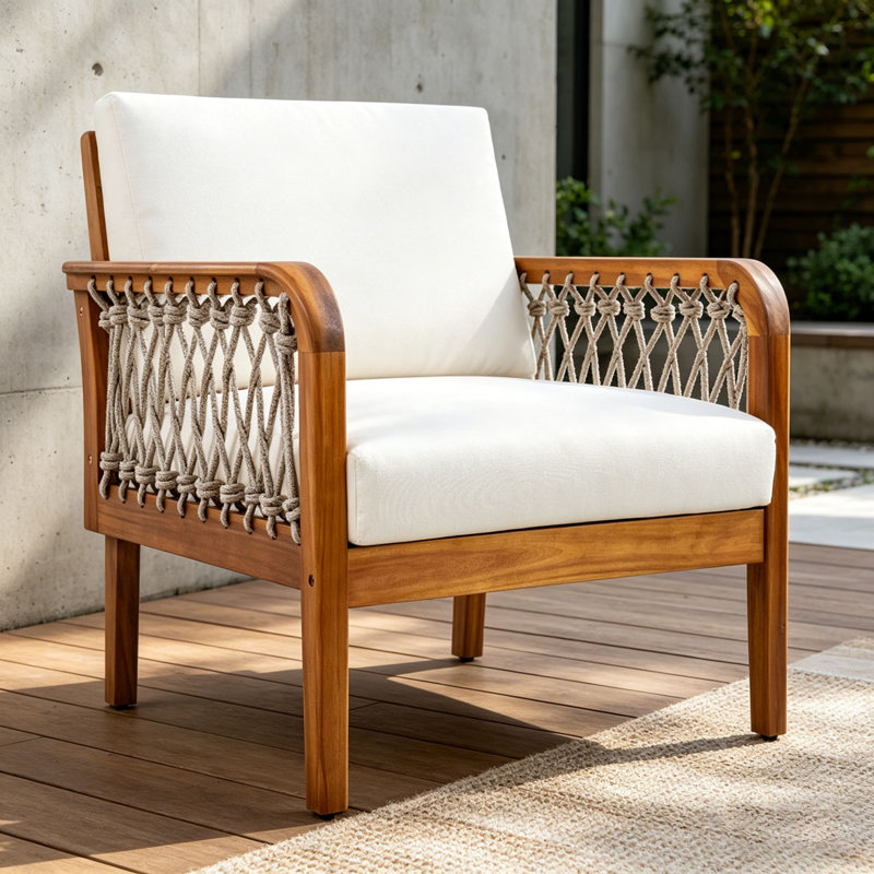 Fauteuil club d'extérieur en bois d'acacia avec corde tissée à la main, Teck