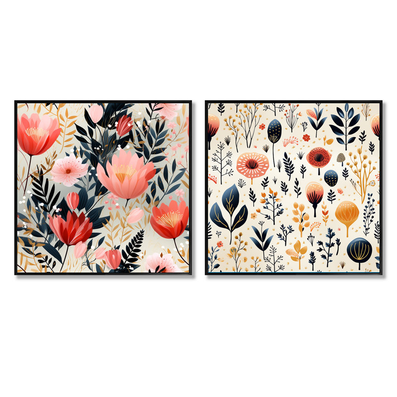 Auguste - Ensemble de 2 collages carrés botaniques abstraits, Cadre flottant noir, H 30 po x l 61 po