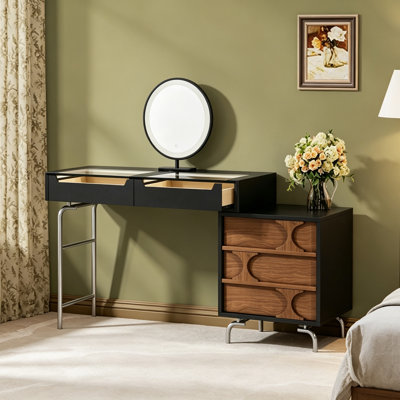 47.24" Mid-Century Modular Makeup Vanity Set with 23.62" Side Cabinet & Smart LED Mirror, Dressing Table, for Bedroom, Bed Foot, Corner & Window Nook