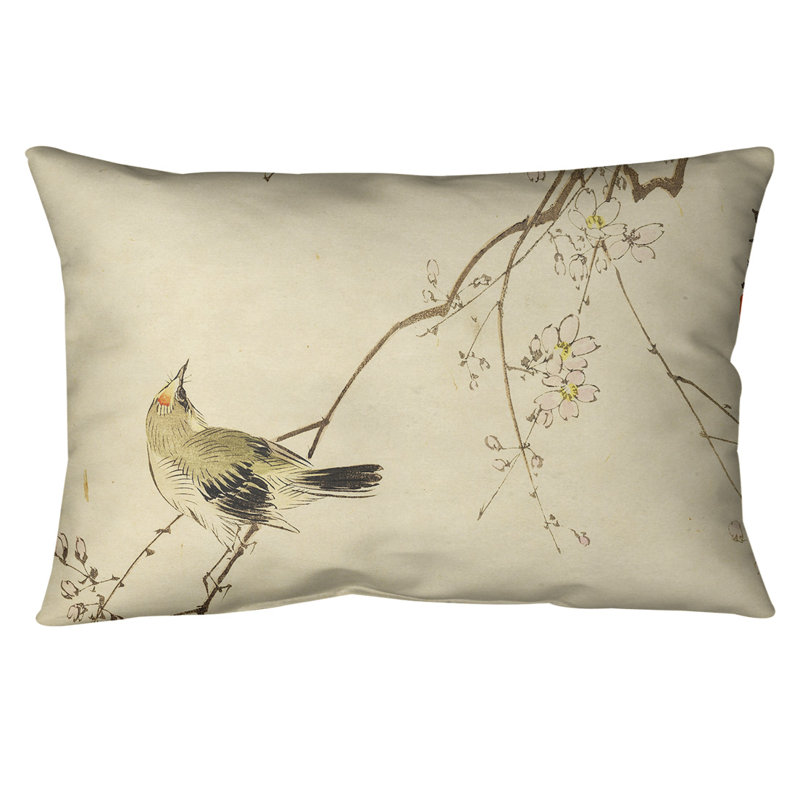 Housse de coussin rectangulaire à motif aquarelle oiseaux et fleurs japanese, Jaune