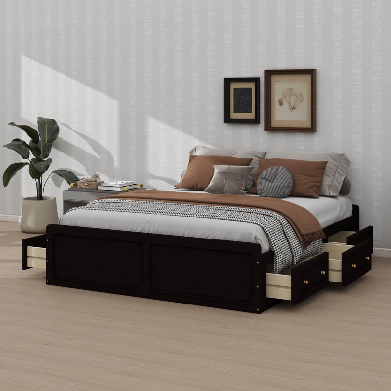 Wood Queen Size Platform Bed Frame With Six Drawers, Espresso