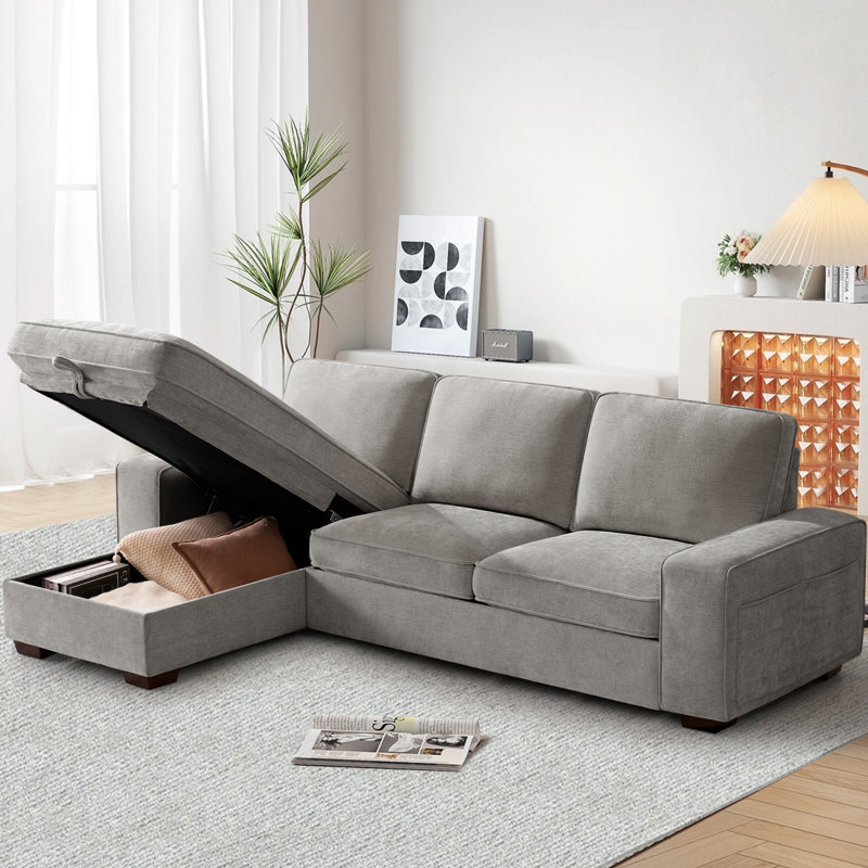 98.4" Modern Convertible Sectional Sofa L-shaped Couch With Storage Chaise, Oversized 3 Seat Sectional Sleeper Couch With Usb Charging Ports For Living Room