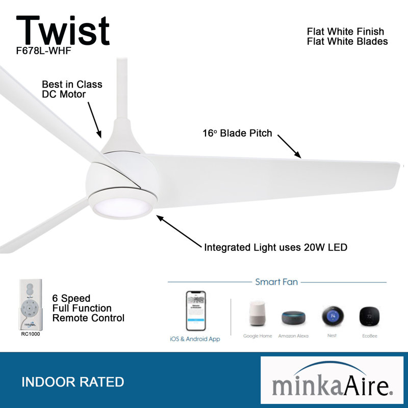 52'' 3 - Blade LED Smart Standard Ceiling Fan with Remote Control and Light Kit Included, White